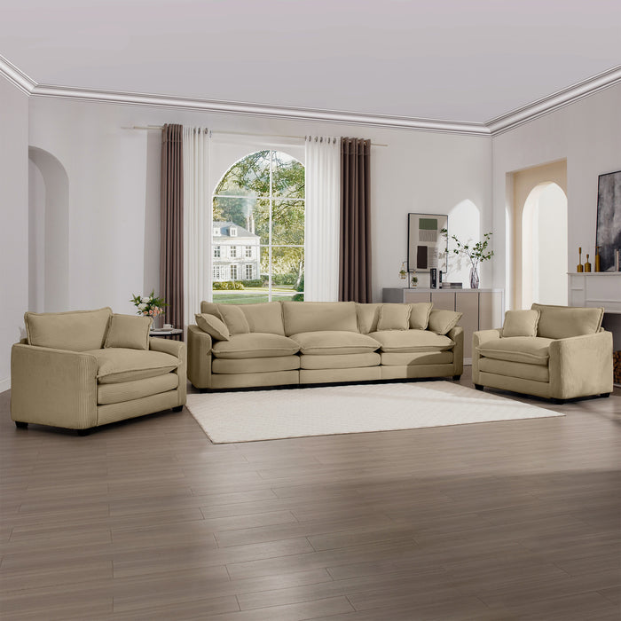 Luxurious and Sophisticated Sofa Set with Soft Cushions and Pillows, Home for Living Rooms and Clubs as well as Home Theaters, Consisting of Two Single Sofas and a 3-Seater Sofas in Tan Corduroy Fabri