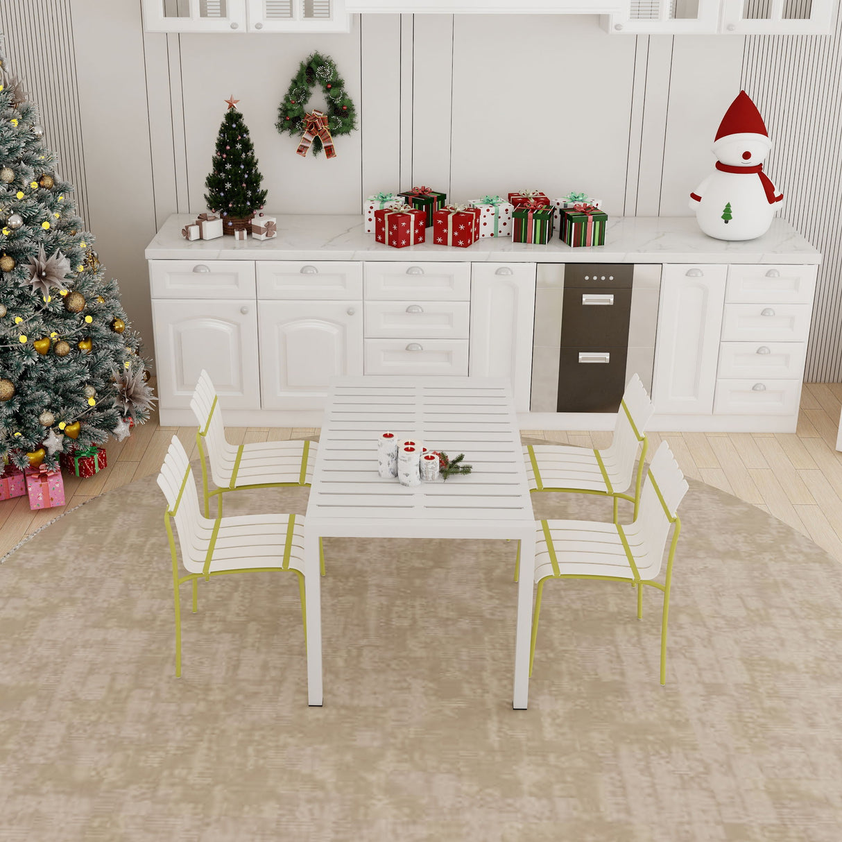 4 Piece Set Of Modern Color Block Designed Single Chairs With Long Table