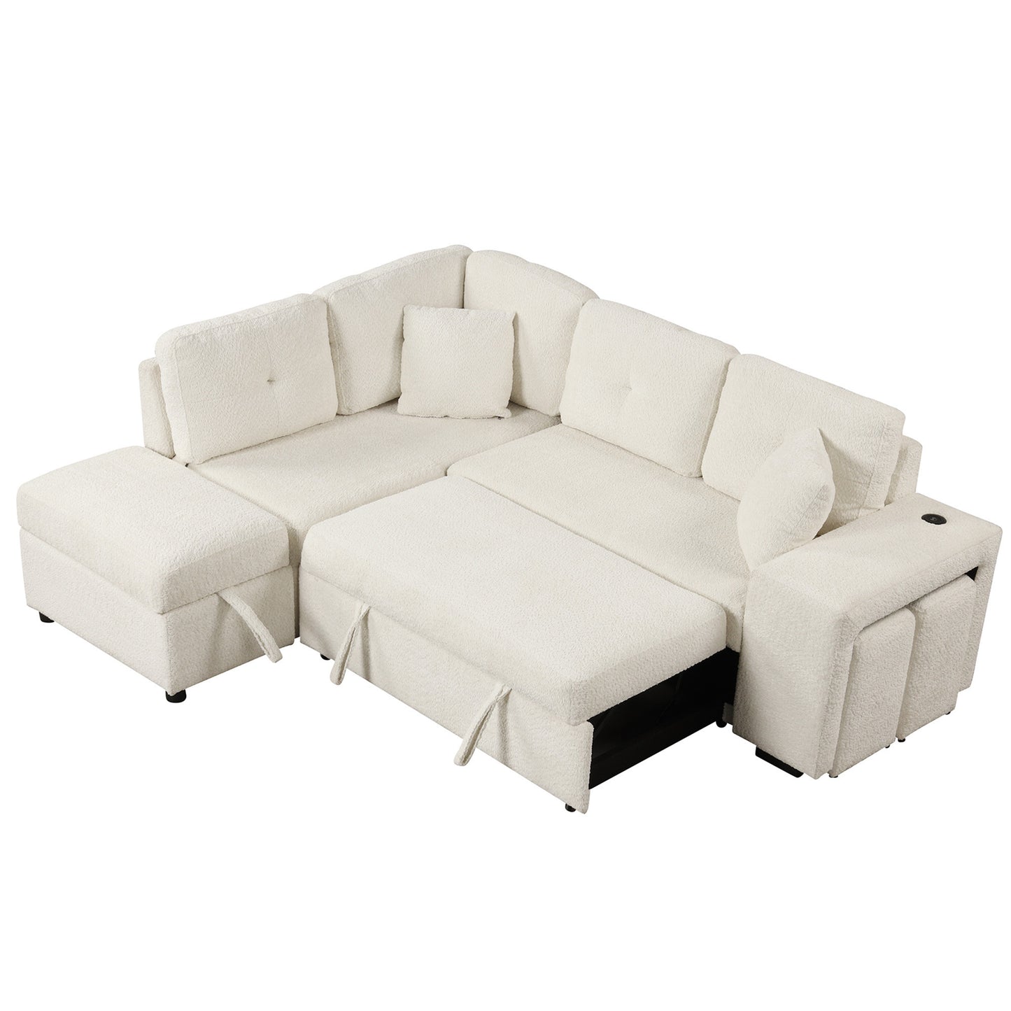 87.7" Convertible Sleeper, Sectional Pull Out Sofa Bed with Storage Ottoman, 2 Throw Pillows, 2 Stools, Wireless Charger and Two Hidden USB Ports for Living Room, Cream