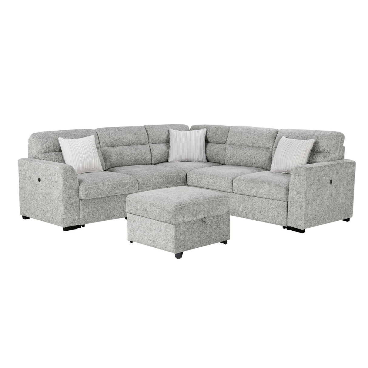 Emiliano - Sectional Sofa With 3 Pillows And Storage Ottoman - Nickel