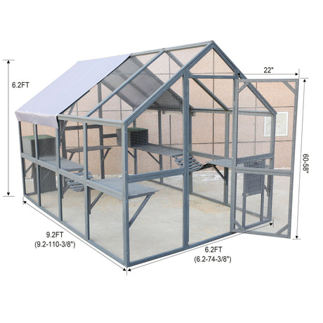 Spacious Wooden Cat Catio Outdoor Kitty House With Bridges And Roof Cover - Gray