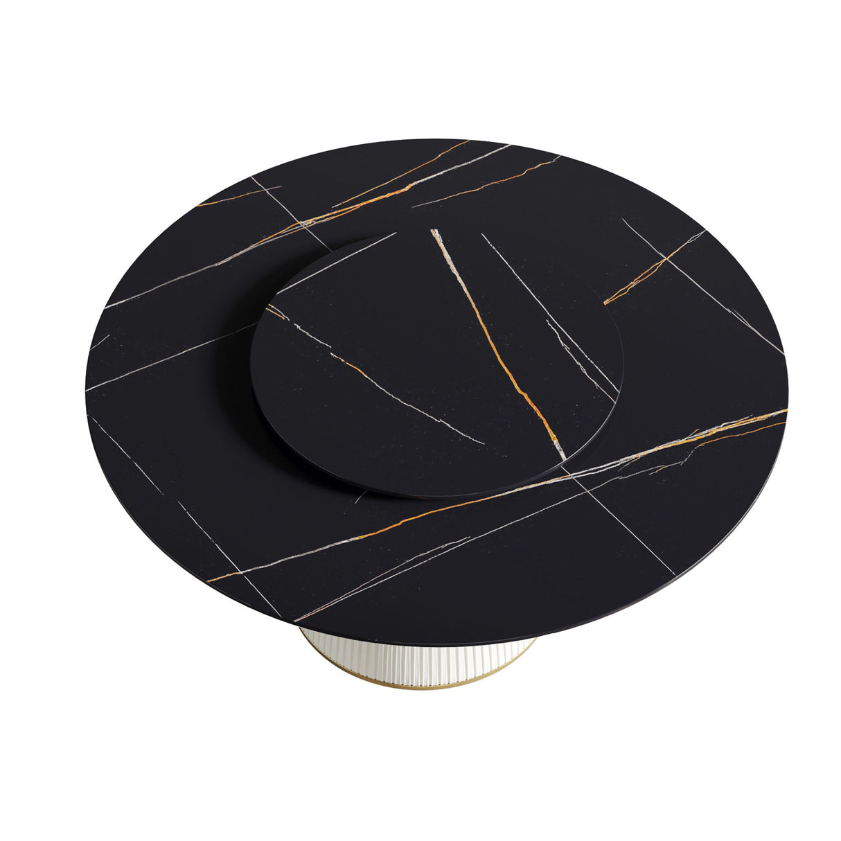 Modern Artificial Stone Round Plywood Base Dining Table, Can Accommodate 8 People Artificial Stone Turntable (Not Including Chairs) - Black / Beige