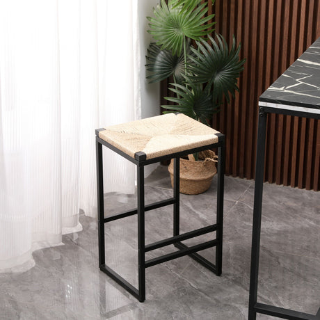 Boho Style Backless Bar Stools Set Of 2 With Paper Rope Woven Seat & Metal Frame For Kitchen Counter