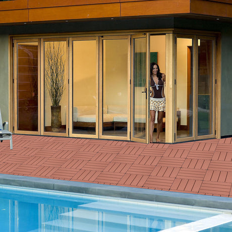 Plastic Interlocking Deck Tiles, Patio Flooring Outdoor Waterproof All Weather Use For Garden Poolside Front / Back Yard (Set of 44) - Mahogany