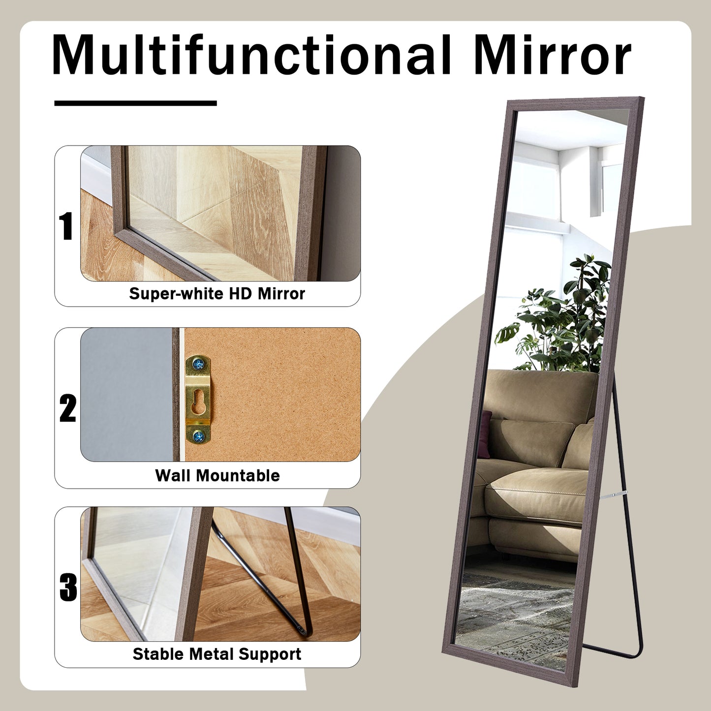 Third generation packaging upgrade, thickened frame, gray wood grain solid wood frame full-length mirror, dressing mirror, bedroom entrance, decorative mirror, floor standing mirror. 57.9 "* 18.1"