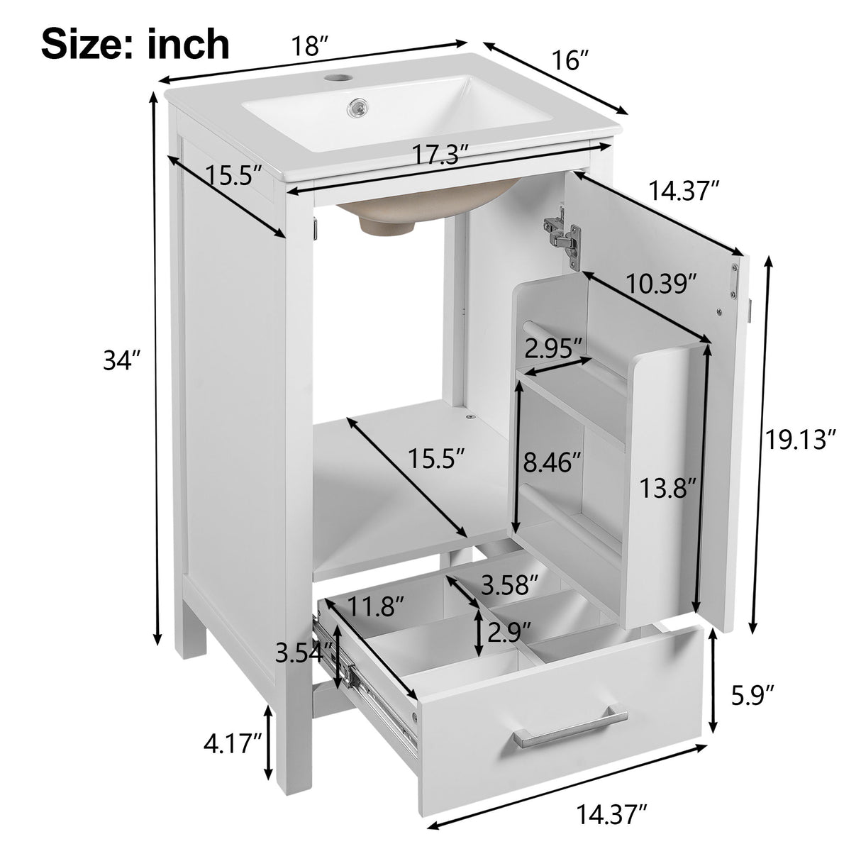 Bathroom Vanity With Ceramic Sink, Soft Close Drawers, Door Organizer, Divider Drawer, Adjustable Foot Pads