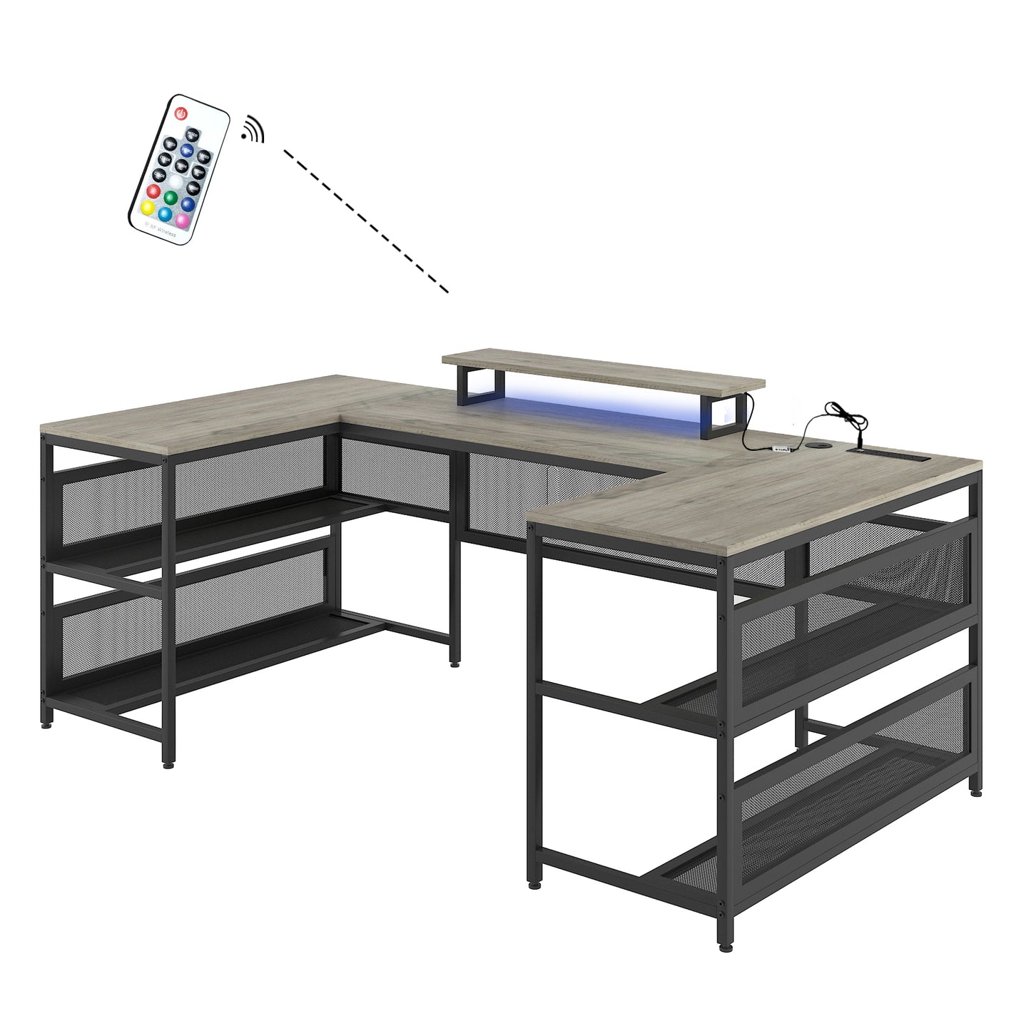 U Shaped Desk with Power Outlets & LED Strip & Monitor Stand, L Shaped Desk with Storage Shelf, Home Office Gaming Desk, Vintage