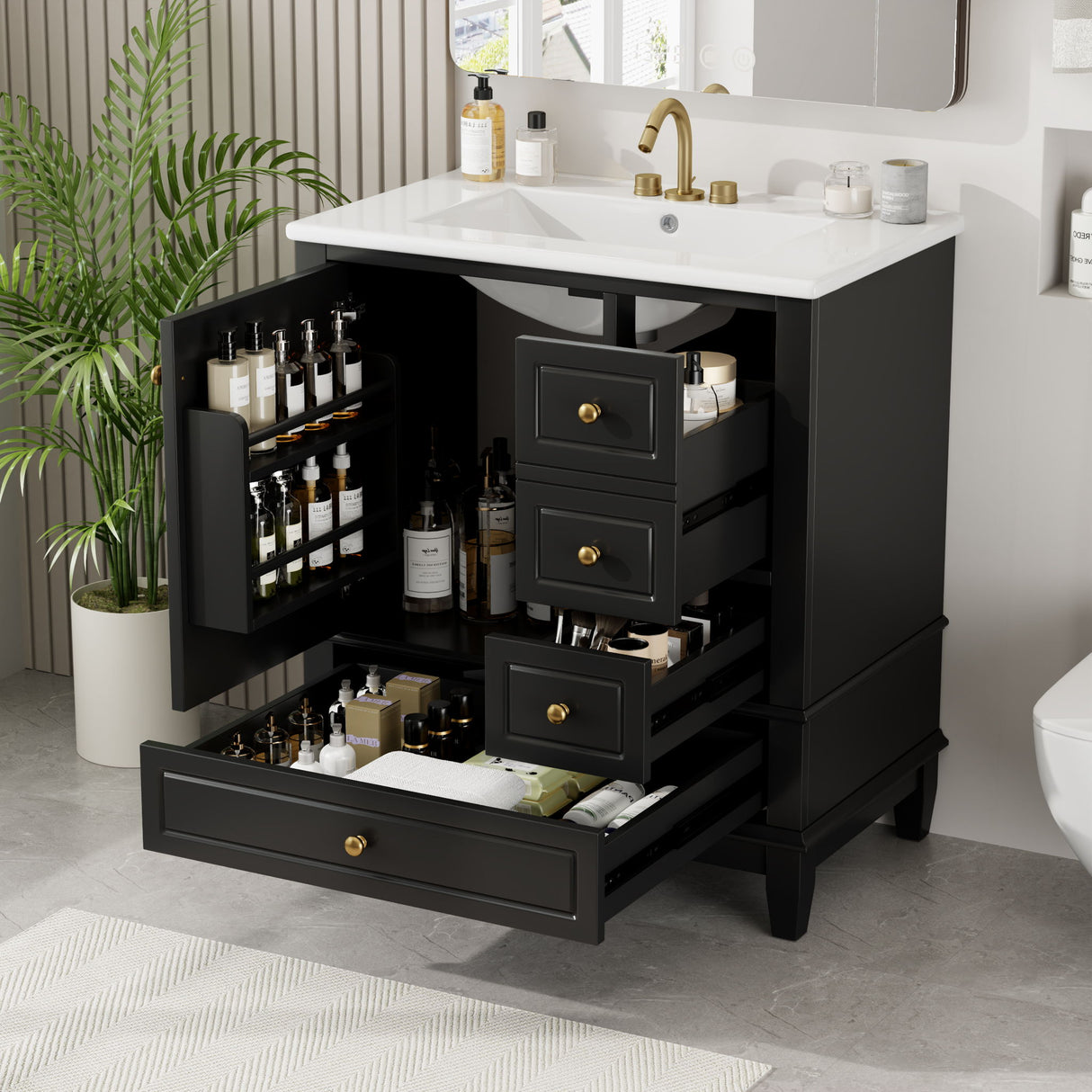 30" Bathroom Vanity With Sink, 1 Door With Shelf And 3 Drawers, Soft Close Door - Black