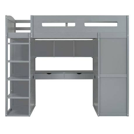 Twin Size Loft Bed With Desk, Wardrobes, 4 Drawers And 4 Shelves Construction - Gray