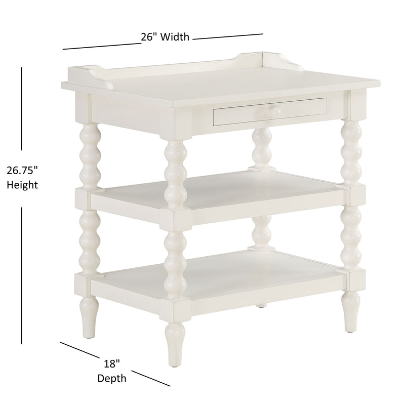 Aria - Nightstand With Styling, 2 Shelves, Pull Out Tray, Spool Turned Legs - Antique White