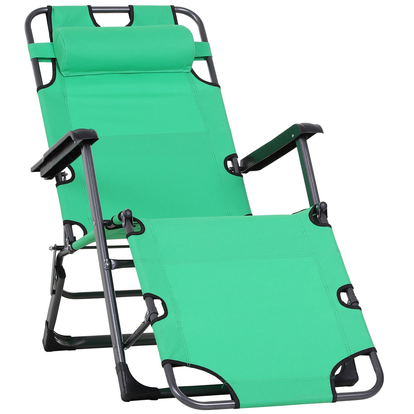 Tanning Chair, 2-in-1 Beach Lounge Chair & Camping Chair w/ Pillow & Pocket, Adjustable Chaise for Sunbathing Outside, Patio, Poolside, Green