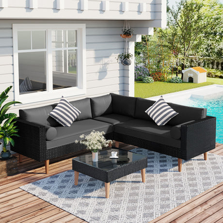 4 Pieces Outdoor Wicker L-Shape Sofa Set