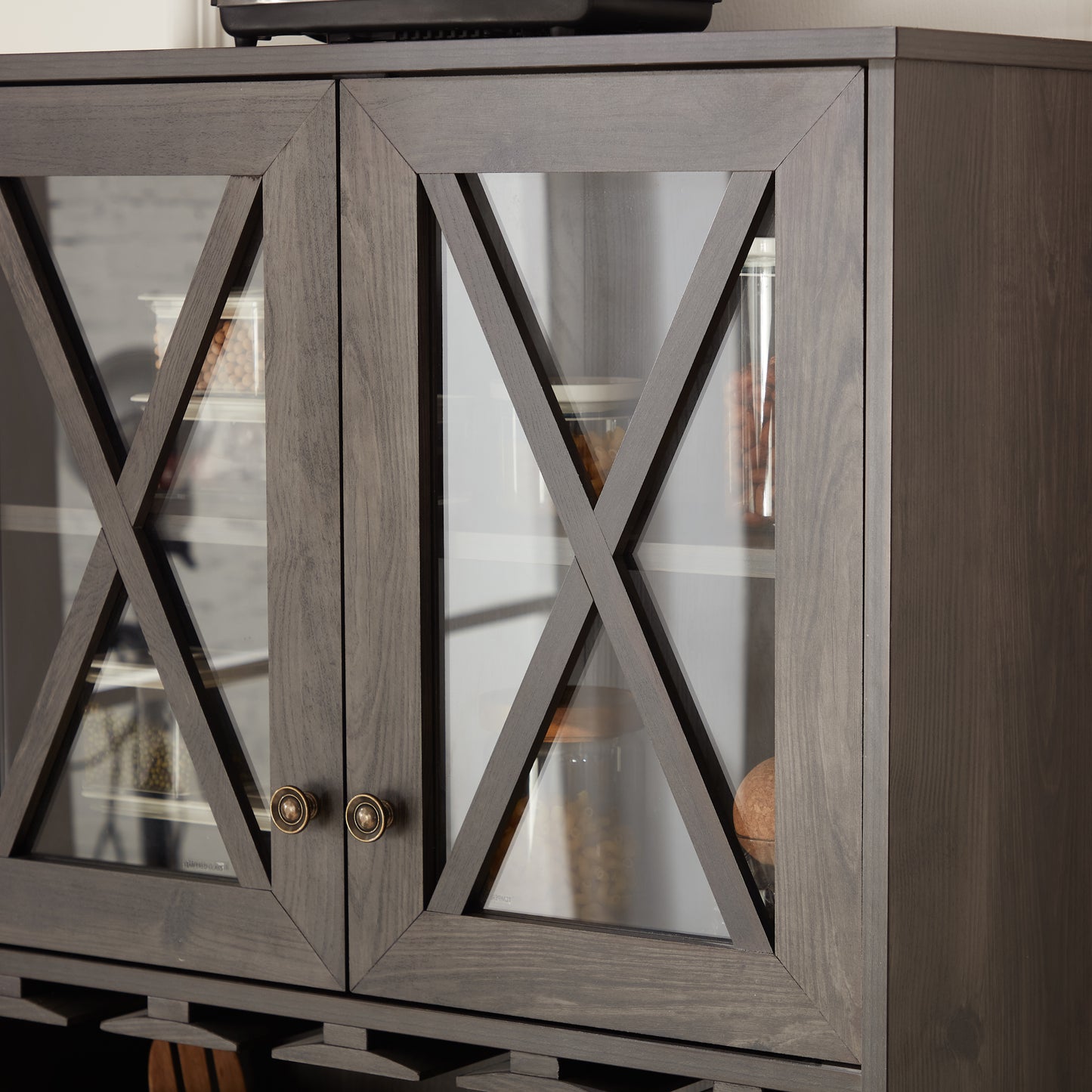 Farmhouse Bar Cabinet for Liquor and Glasses, Dining Room Kitchen Cabinet with Wine Rack, Sideboards Buffets Bar Cabinet L26.89''*W15.87''*H67.3'' Charcoal Grey