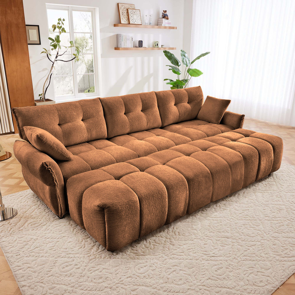 Elegant Sofa Set With Ottoman And Pillows, Textured Chenille, High Resilience Cushions