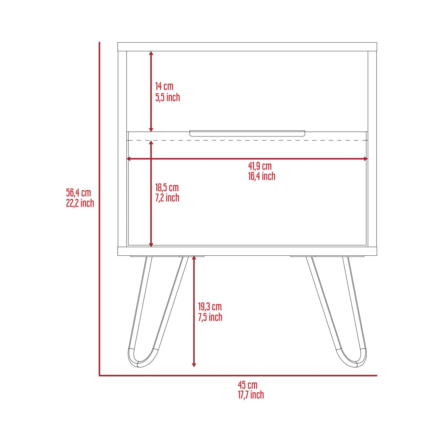 Vienna Nightstand, Shelves, Hairpin Legs