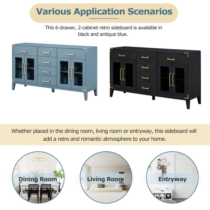 TREXM 6-drawer and 2-Cabinet Retro Sideboard with Extra Large Storage Space, with Gold Handles and Solid Wood Legs, for Kitchen and Living Room (Antique Blue)