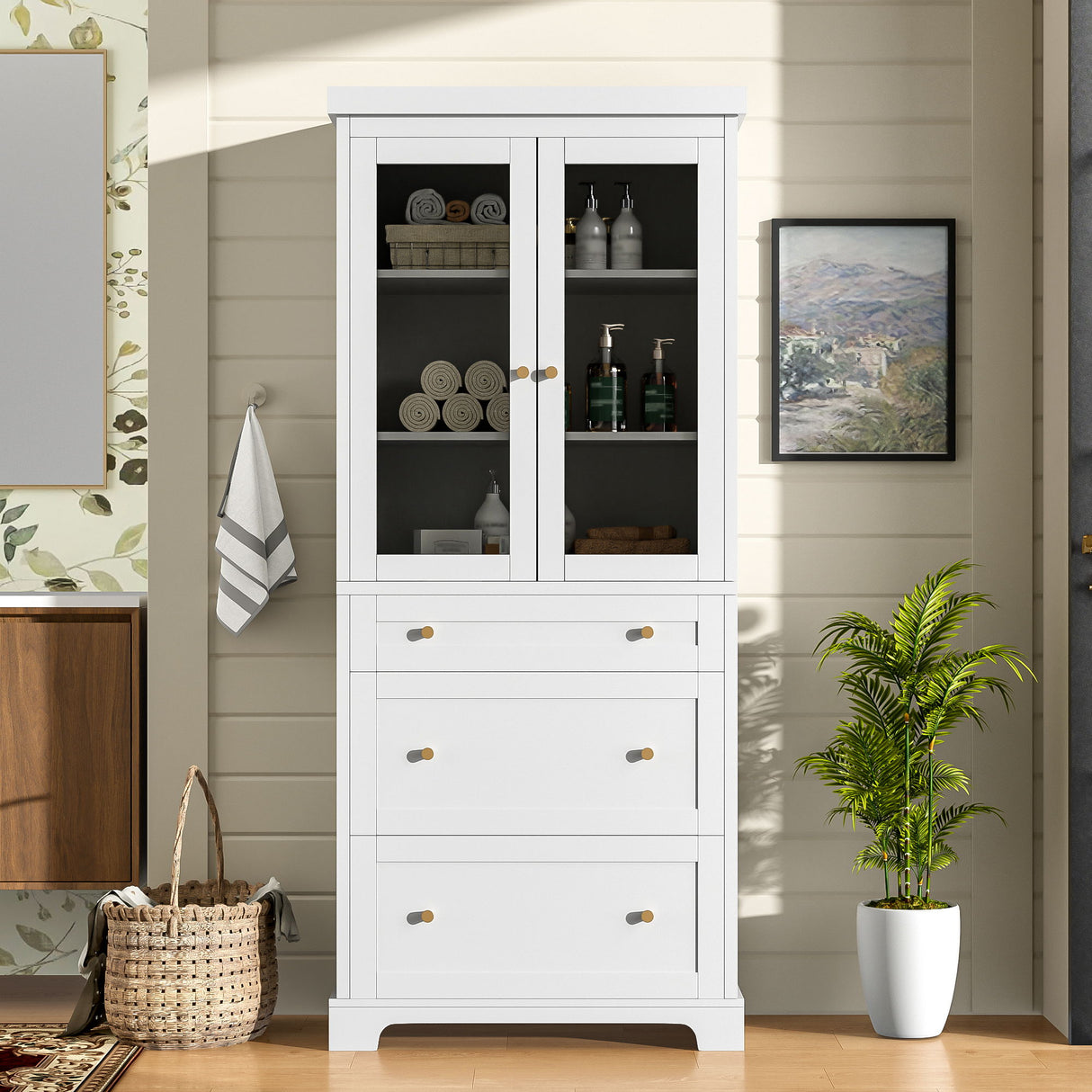 Freestanding Tall Bathroom Cabinet With Adjustable Shelves, Drawers, Soft Close Glass Doors