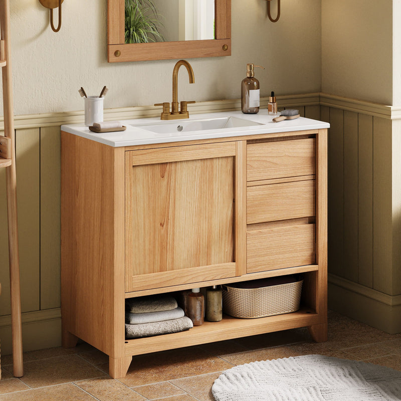 36" Bathroom Vanity With Sink, Soft Close Drawers - Natural