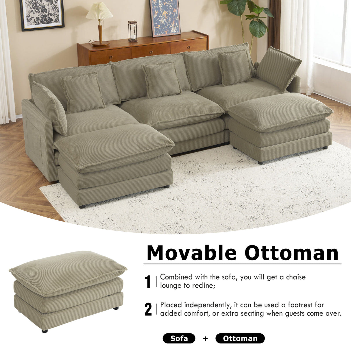 Modern Modular Sectional Sofa With Side Storage Pockets For Living Room