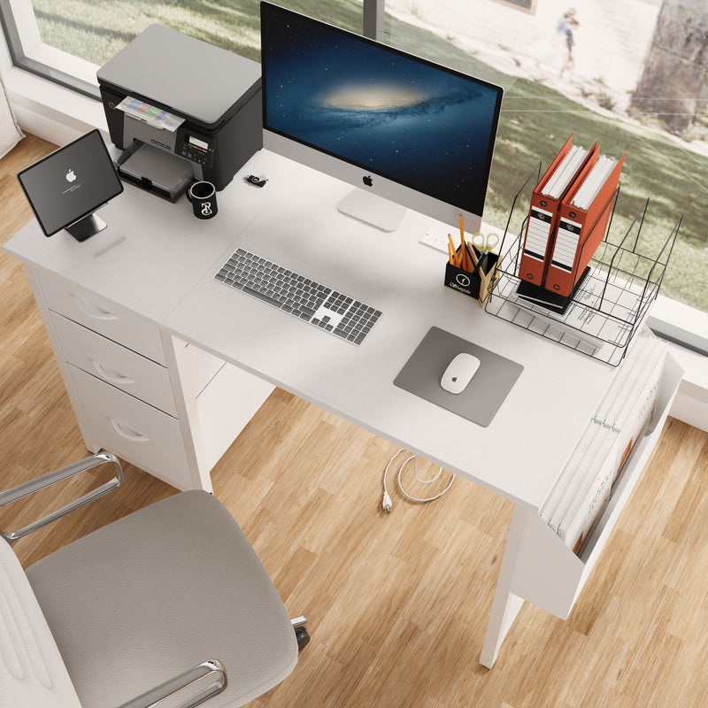 Office Desk With Power Outlet, 3 Drawers And Side Pocket For Office - White