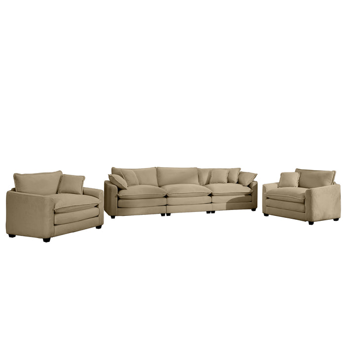 Luxurious and Sophisticated Sofa Set with Soft Cushions and Pillows, Home for Living Rooms and Clubs as well as Home Theaters, Consisting of Two Single Sofas and a 3-Seater Sofas in Tan Corduroy Fabri