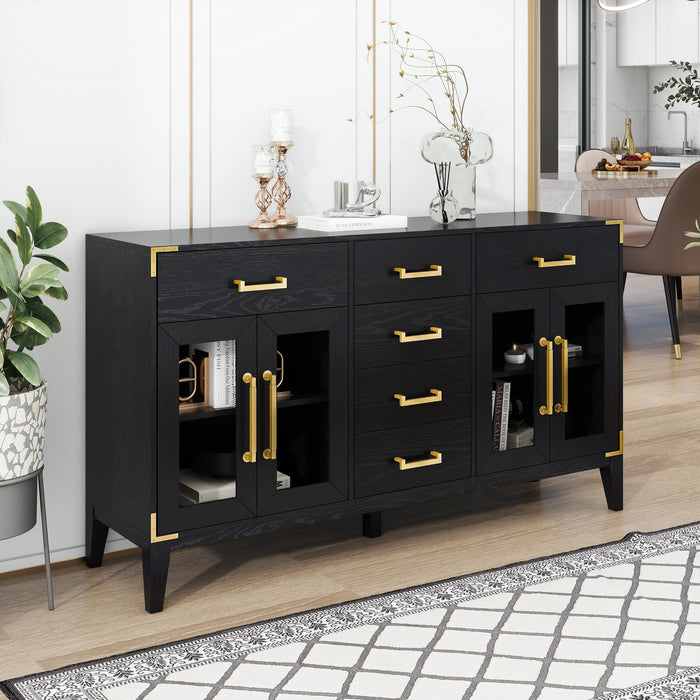 TREXM 6-drawer and 2-Cabinet Retro Sideboard with Extra Large Storage Space, with Gold Handles and Solid Wood Legs, for Kitchen and Living Room (Black)