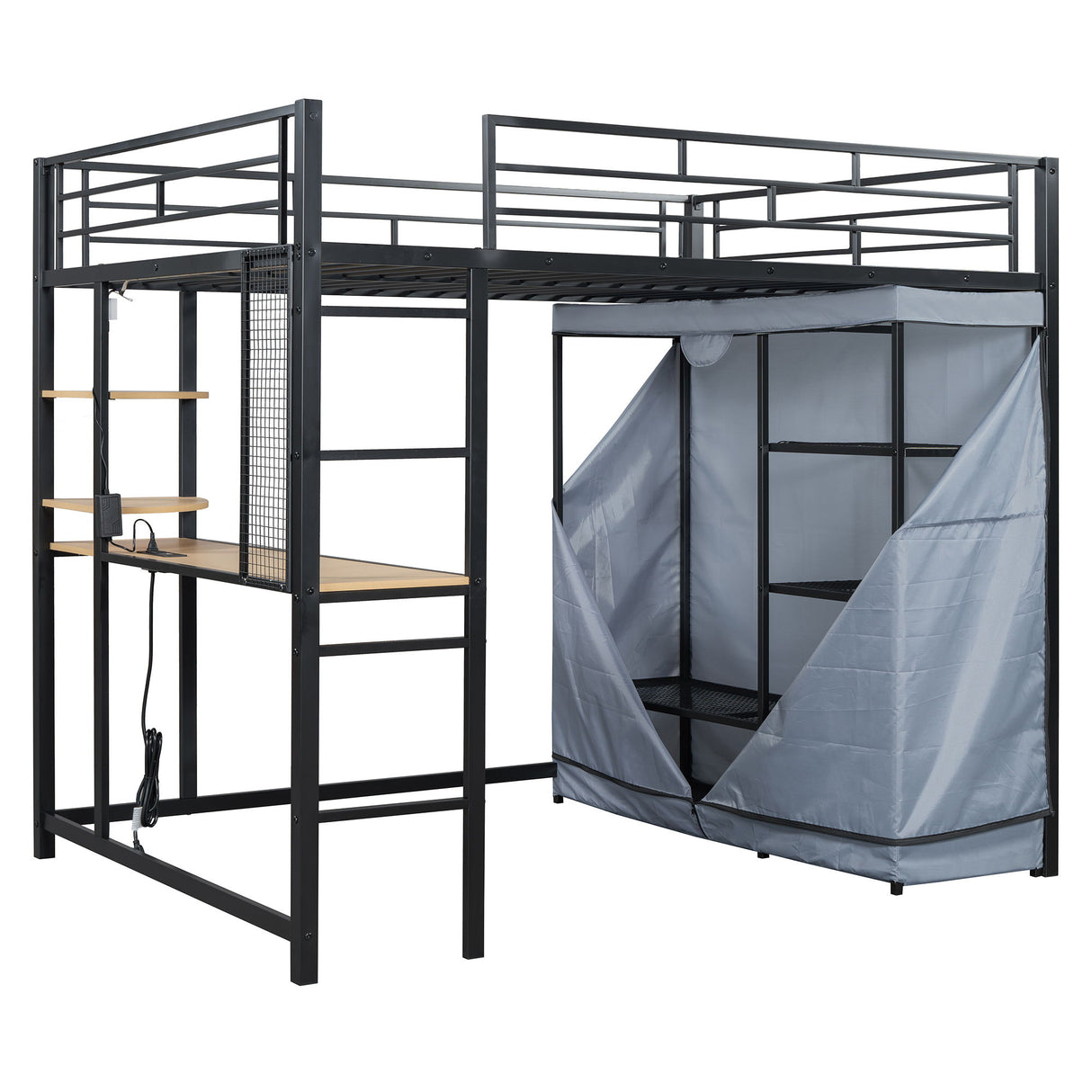 Loft Bed With Desk, Shelves, Power Outlet, LED Light And Wardrobe