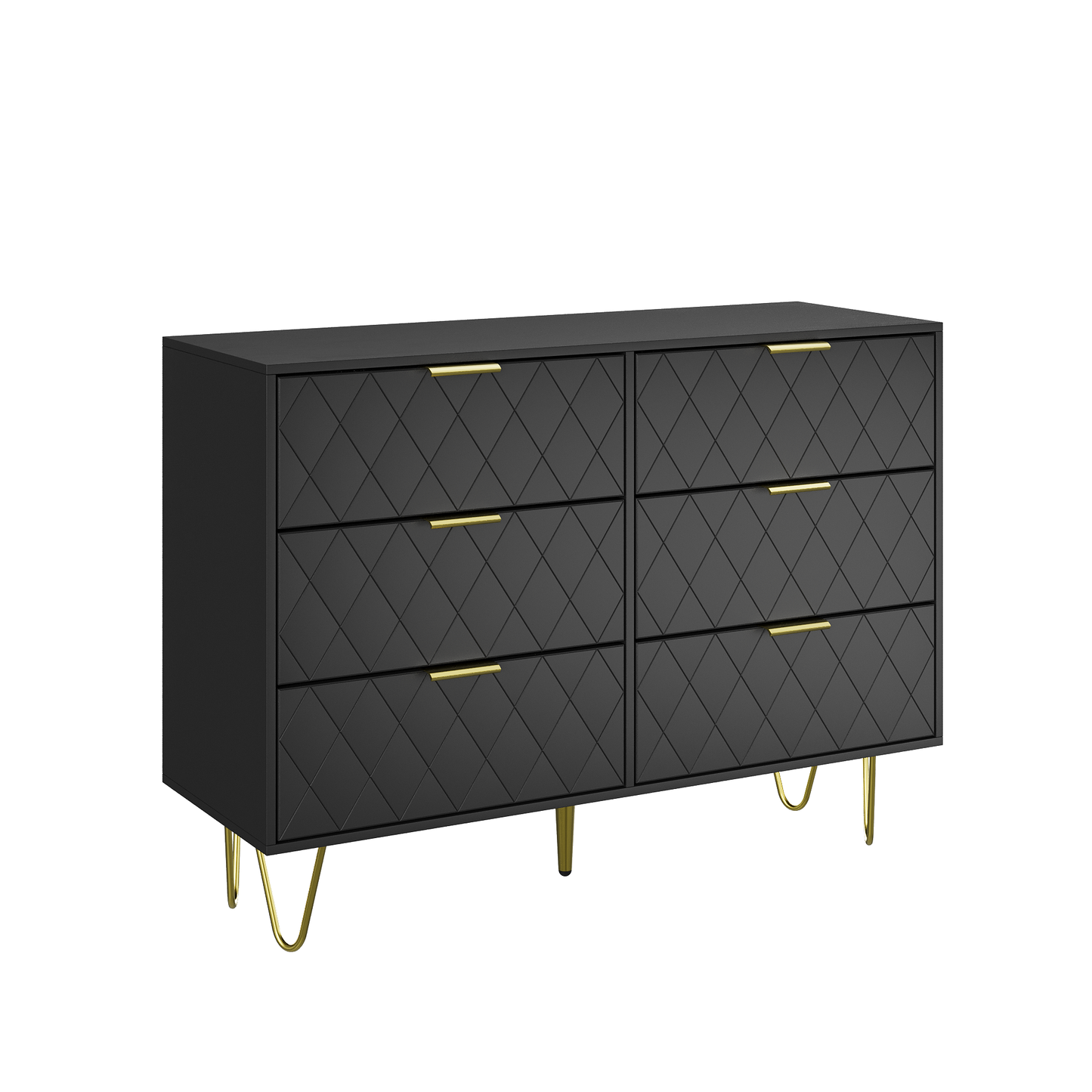 Modern black 6 Drawers for Bedroom, Small Size Modern 6 Drawer Dresser, Wide Chest of Drawers with Gold Handles, Wood Double Dresser Storage Cabinet for Living Room, Bedroom, Hallway