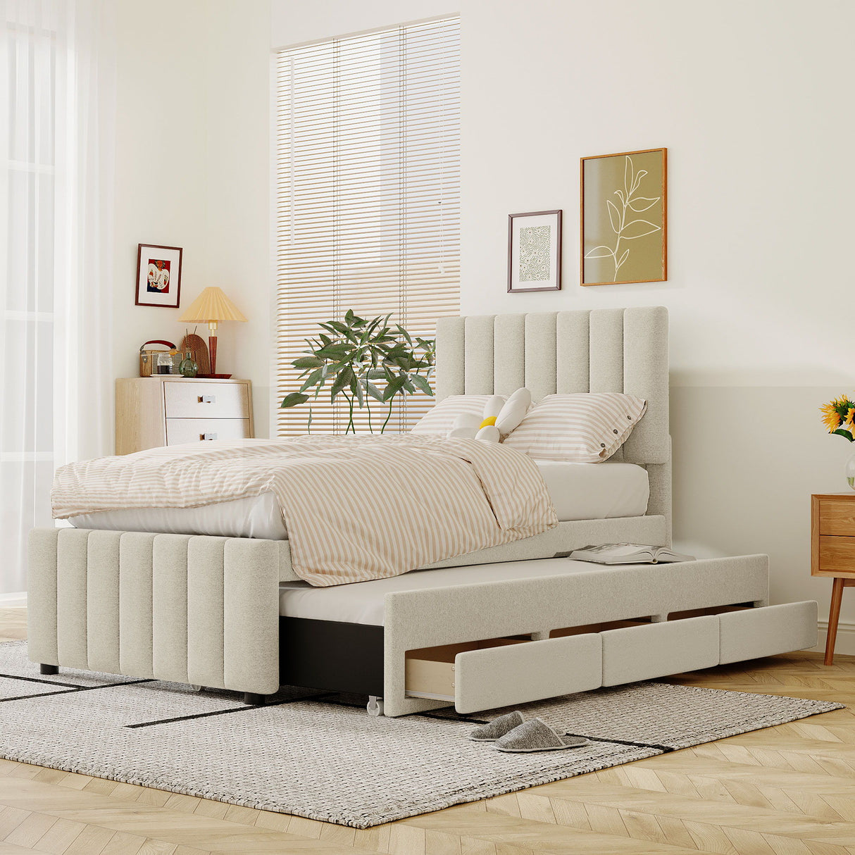 Upholstered Design Platform Bed With Trundle