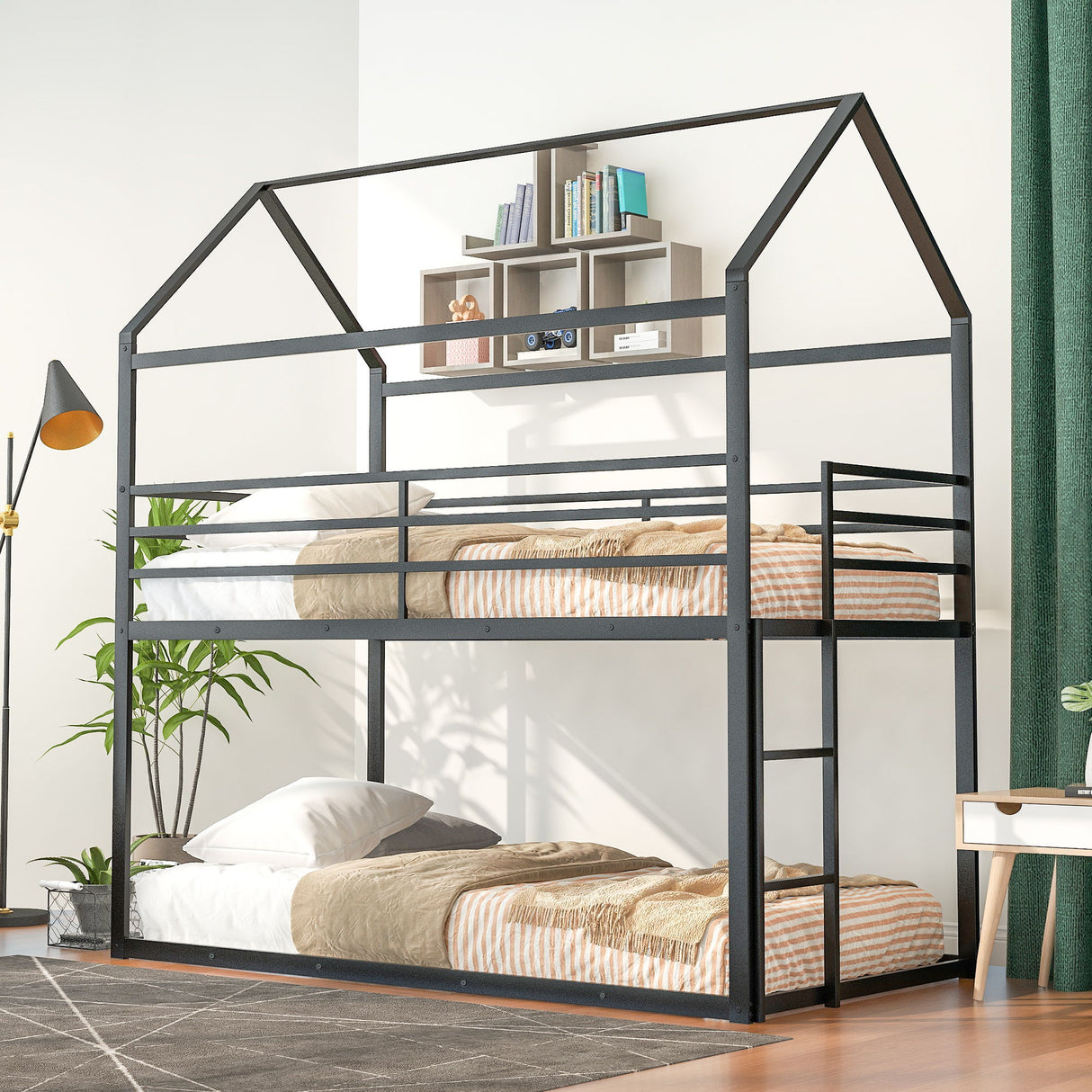 House Bunk Bed Metal Bed Frame Built-In Ladder, No Box Spring Needed