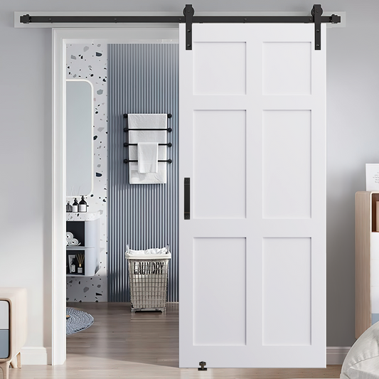 Six Paneled Real Primed Door Slab + 6.6FT Barn Door Sliding Hardware + Adjustable Floor Guider + Pull Handle, DIY Unfinished Paneled Door, Modern Interior Barn Door, Water-proof 32" x 80"