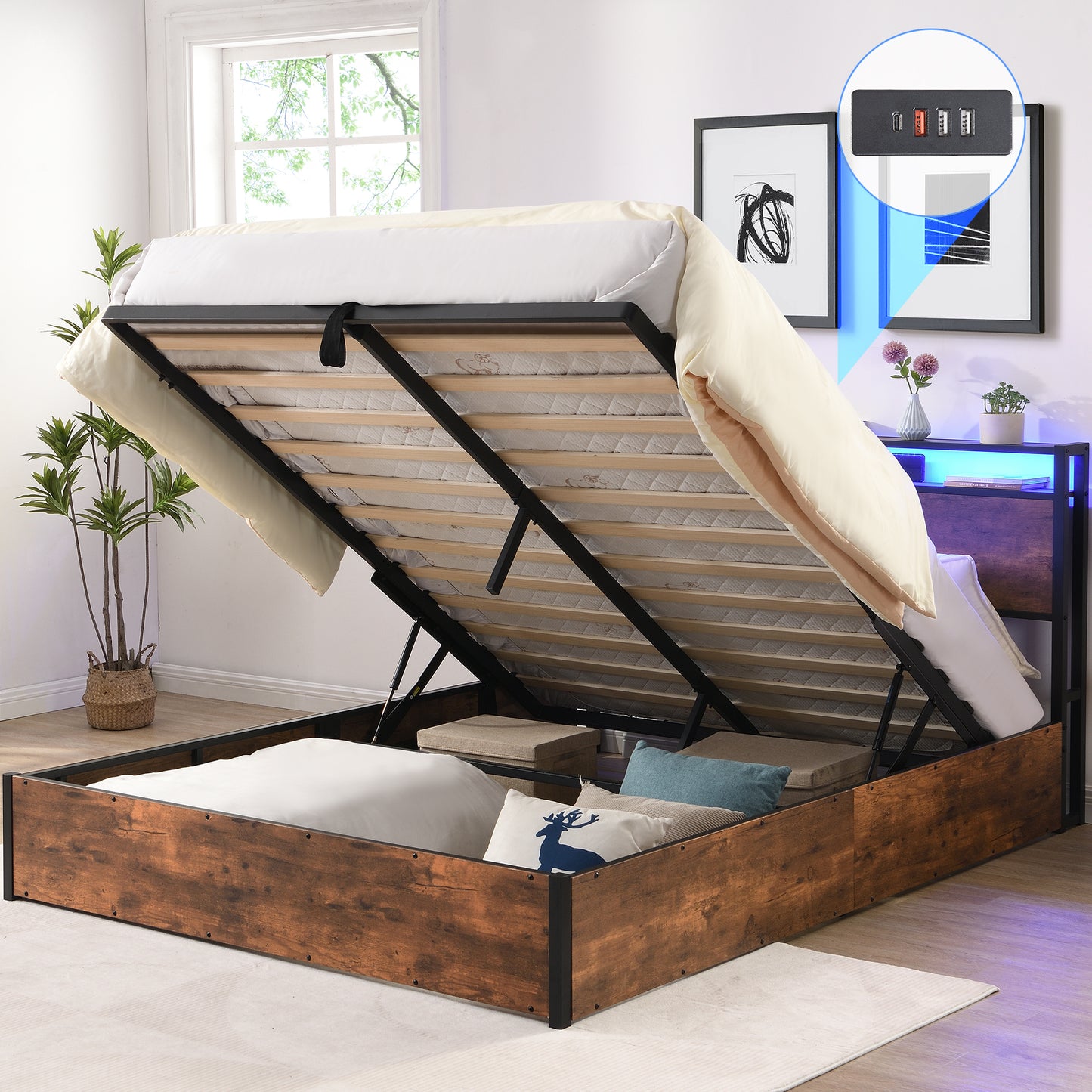 Lift-up Storage Bed Frame, Full Size Bed Frame with Bookcase Headboard & LED Lights, Wooden Platform Bed Frame with Charging Station, No Spring Box Needed, Rustic Brown