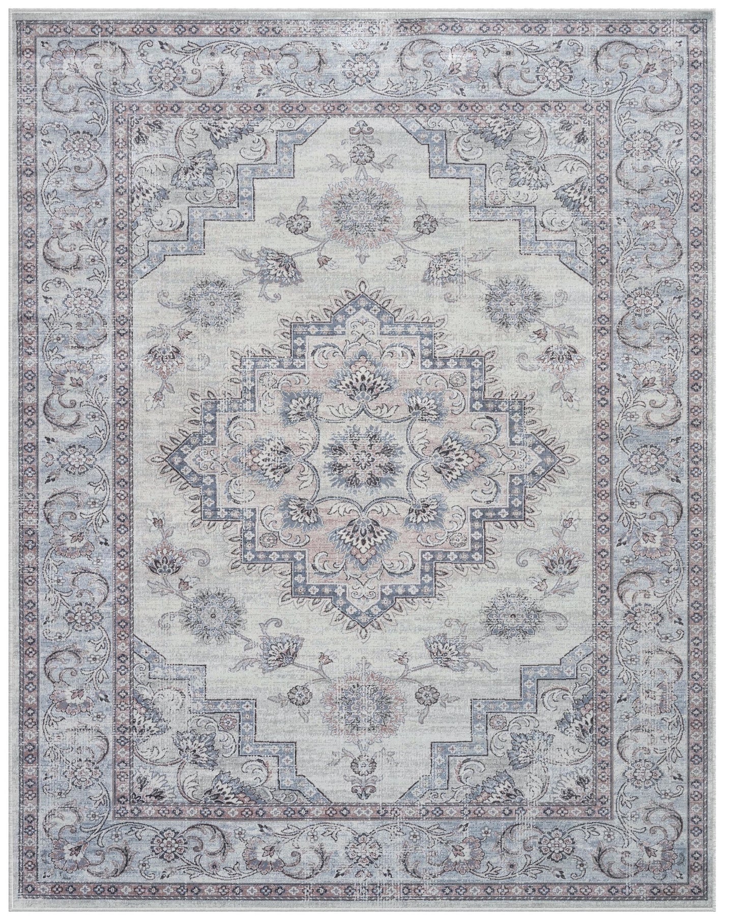 Calanthe Gray, Blush, Blue, Ivory Viscose Area Rug 8x10