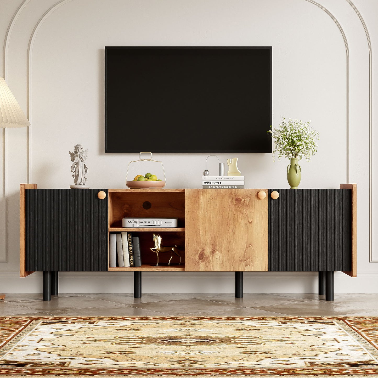 Mid Century TV Stand & 3 Cabinets, Media Console Table For Tvs Up To 70'', Entertainment Center With Storage For Living Room - Black / Brown