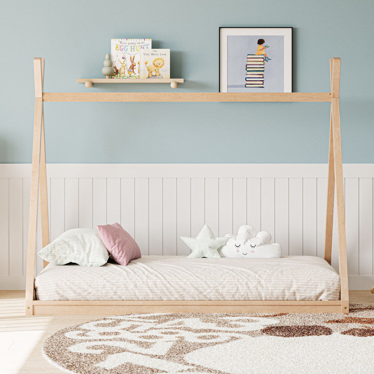 Wood Tent Bed For Kids, Montessori Style Low - Floor Bed, House-Shape Tent Bed Frame
