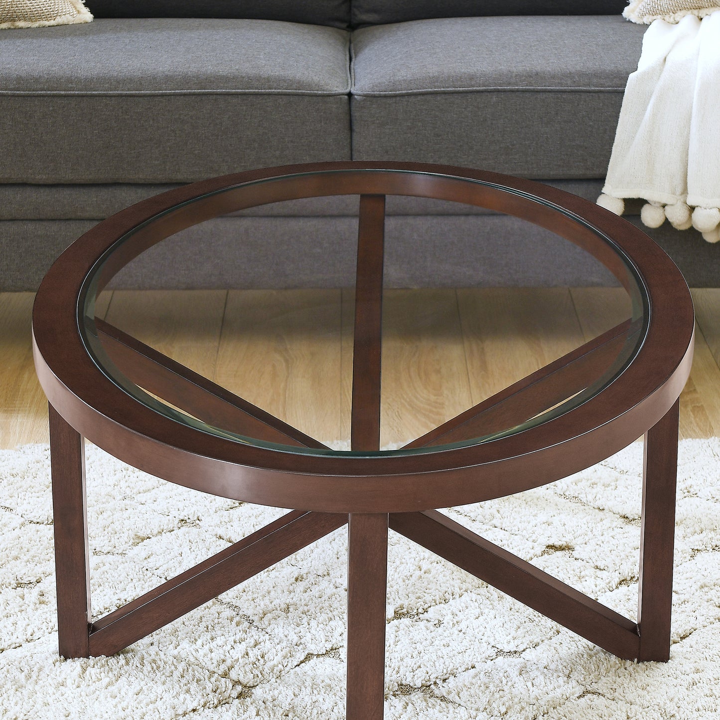 Modern simple glass coffee table, tempered glass coffee table solid wood base round transparent glass top modern living room terrace study coffee table