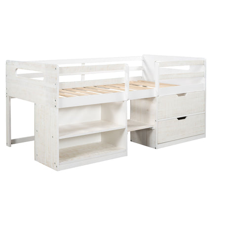 Twin Size Loft Bed With Two Shelves And Two Drawers - Antique White