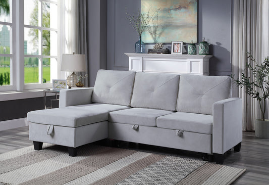 Nova 82.5" Light Gray Velvet Reversible Sleeper Sectional Sofa with Storage Chaise