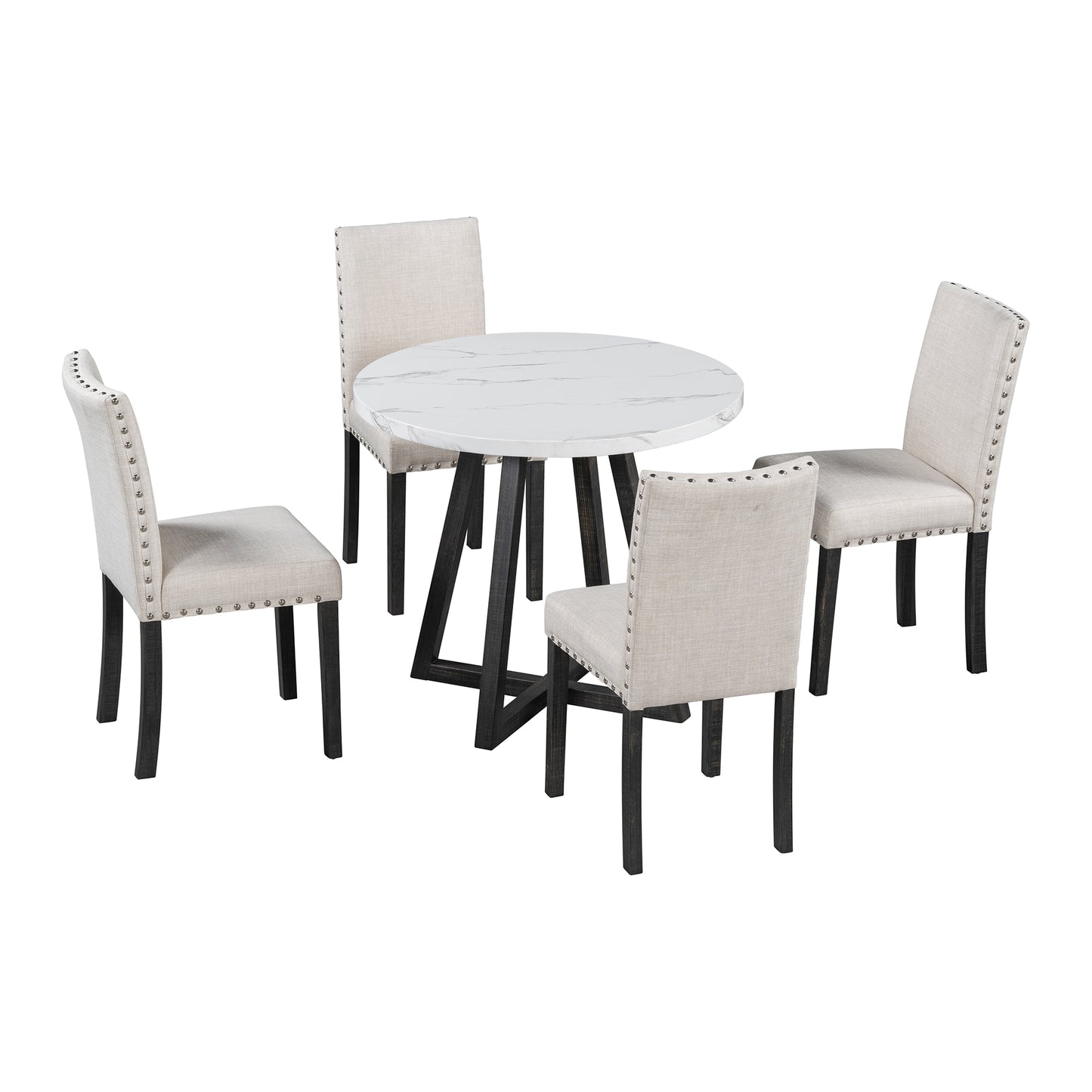 Five-piece dining room set with imitation marble table top, solid wood dining table and 4 chairs, space-saving kitchen and dining room combination furniture.