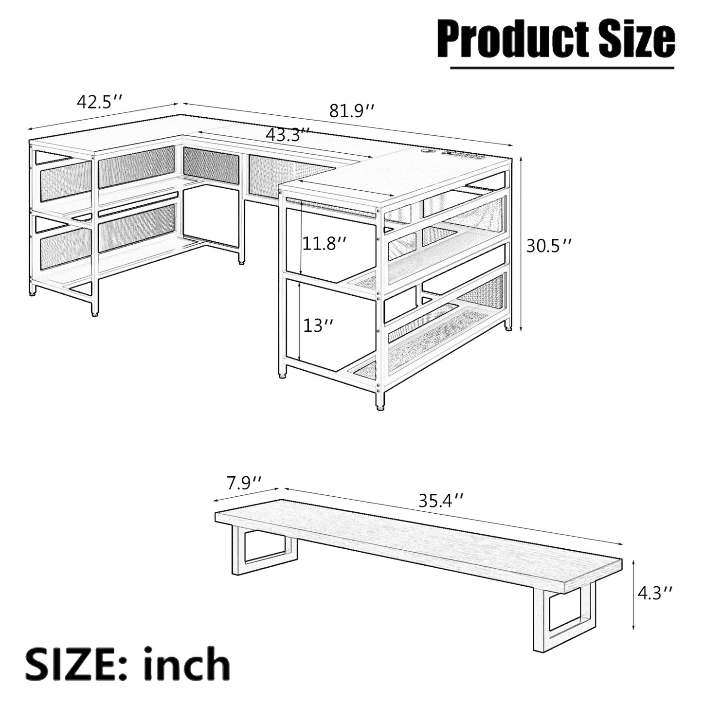 U Shaped Desk with Power Outlets & LED Strip & Monitor Stand, L Shaped Desk with Storage Shelf, Home Office Gaming Desk, Vintage