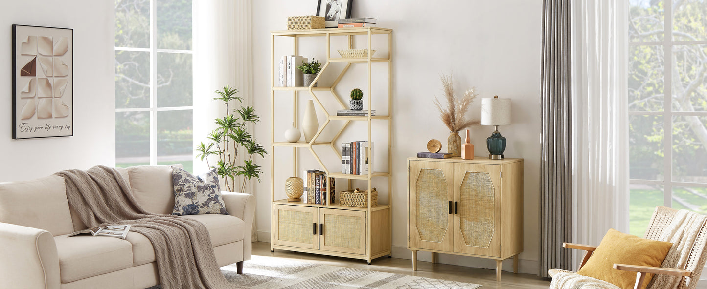 Rattan bookshelf 7 tiers Bookcases Storage Rack with cabinet for Living Room Home Office, Natural, 39.4'' W x 13.8'' D x 75.6'' H.