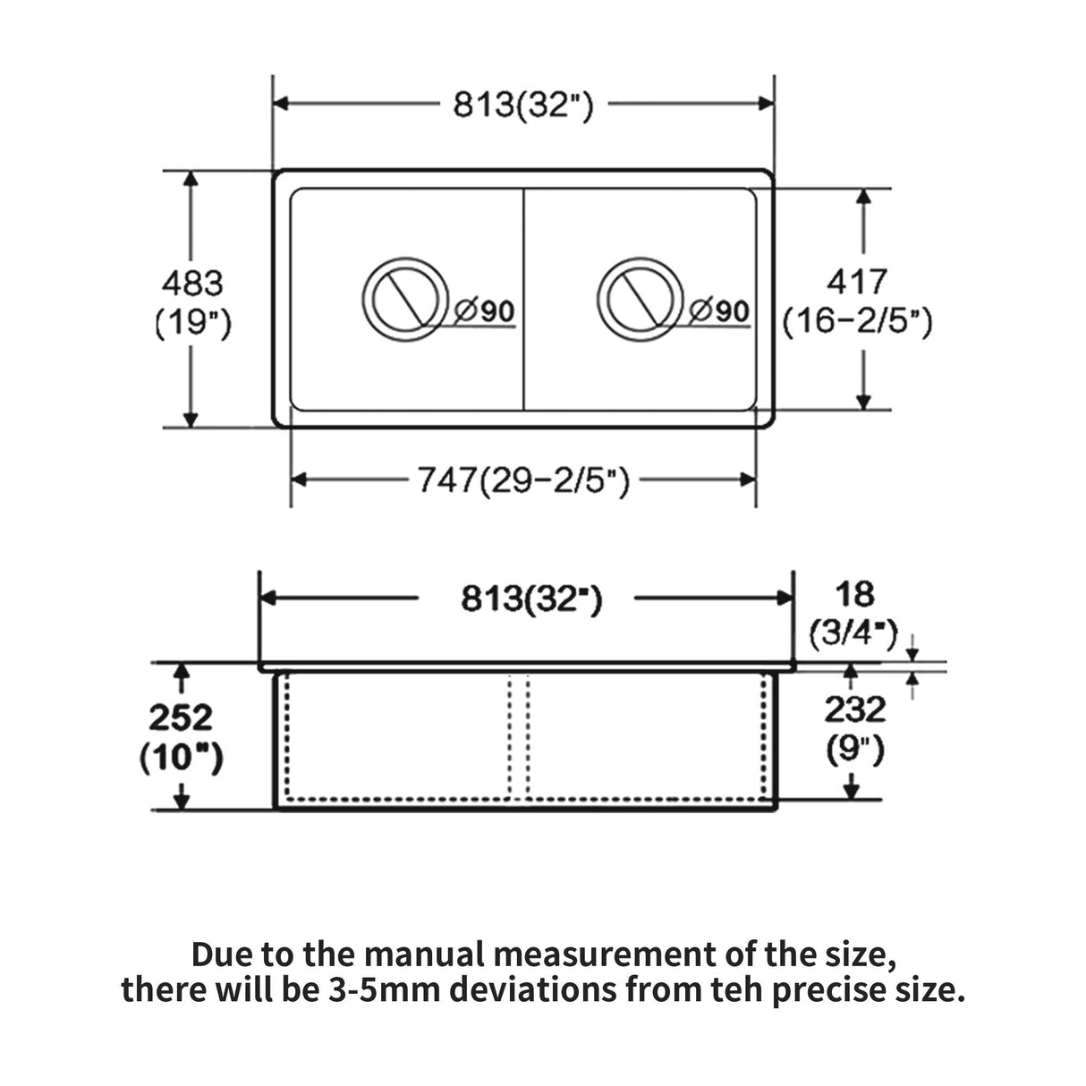 Elegant Dual Mount 32" Undermount Double Bowl Ceramic Kitchen Sink - White