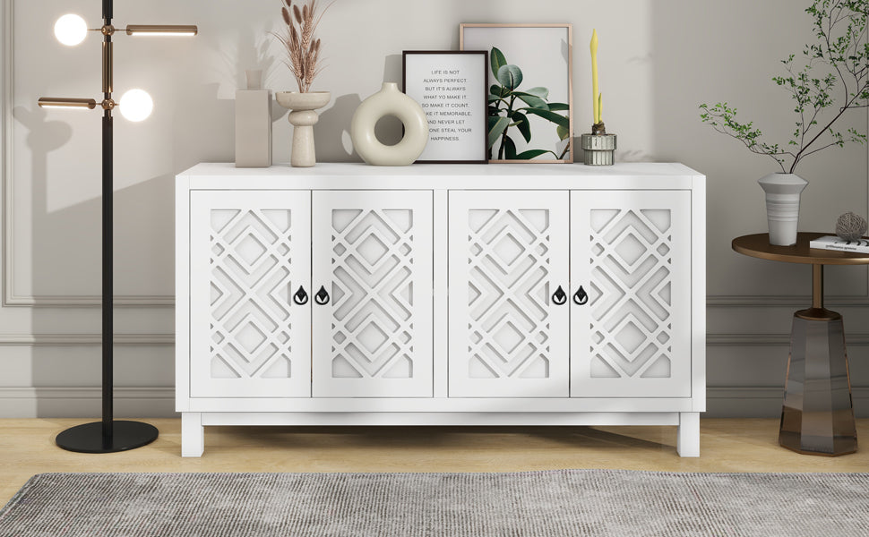 TREXM Large Storage Space Sideboard, 4 Door Buffet Cabinet with Pull Ring Handles for Living Room, Dining Room (White)