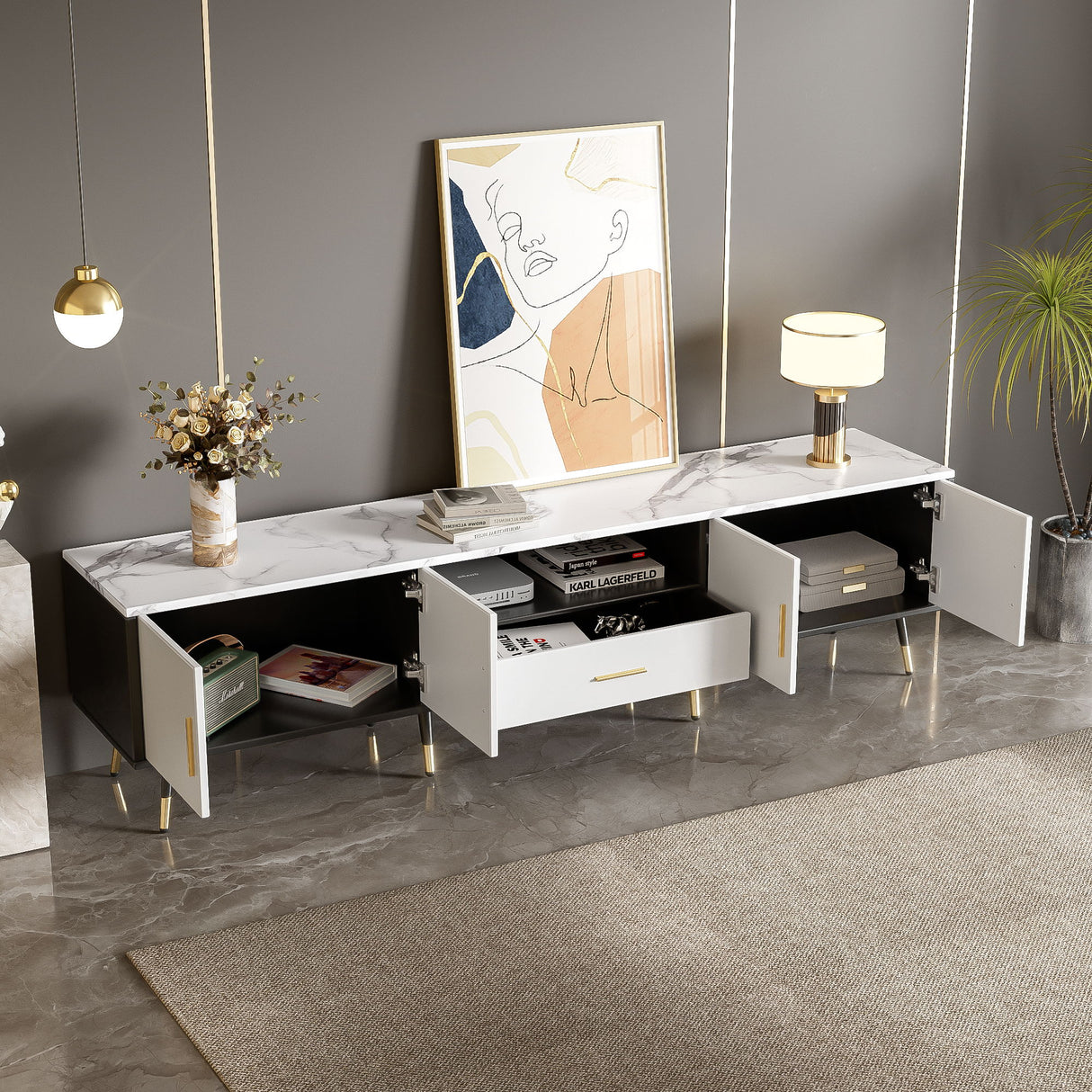 Modern TV Stand With 2 Cabinets & Open Compartments, Entertainment Center For Tvs Up To 80''