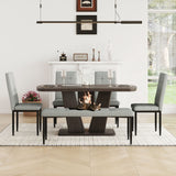 6 Piece Dining Table Set For 6, Table With V-Shaped Legs And 4 Upholstered Chairs & Bench, Modern Dining Room Set For Kitchen, Dining Room - Gray
