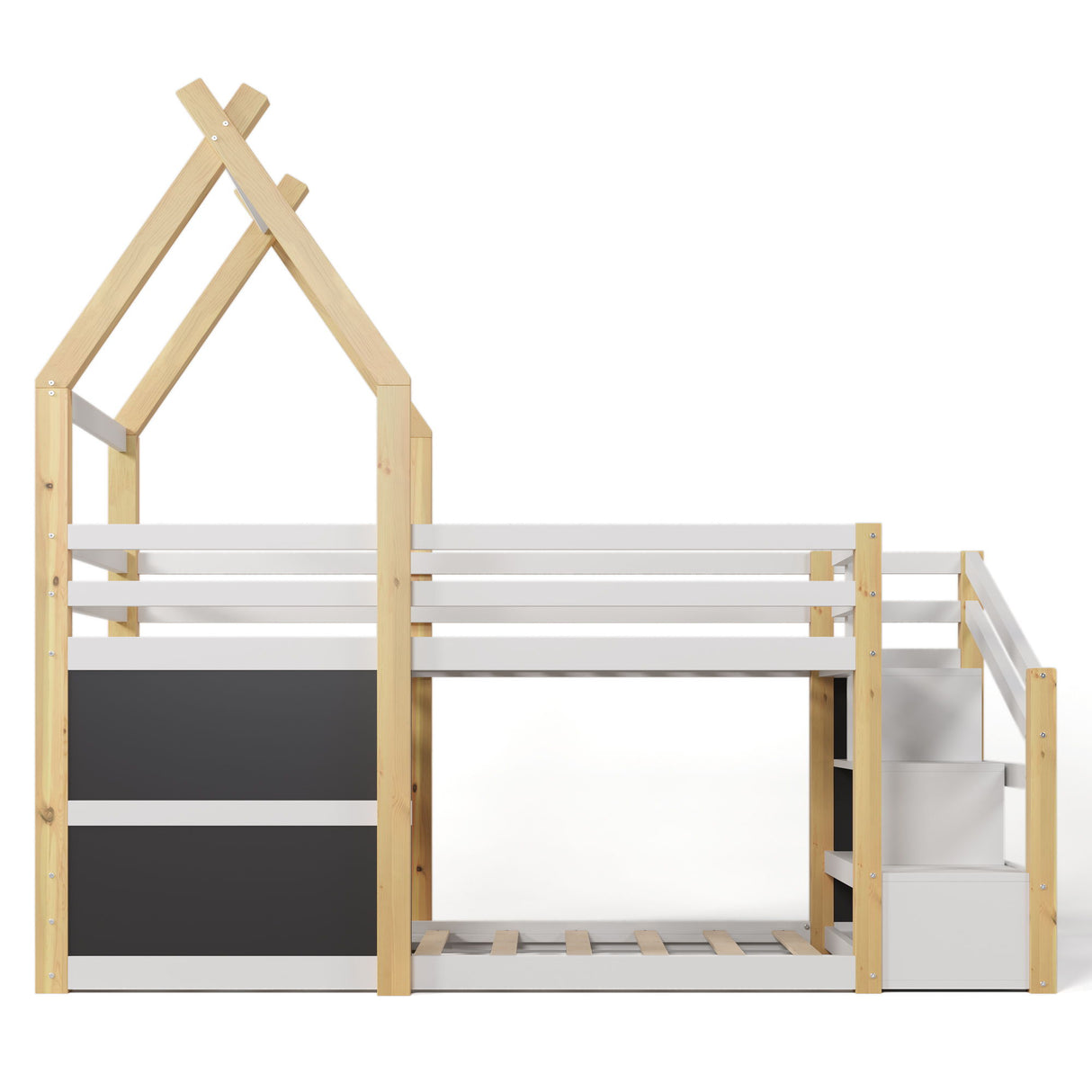 Twin Over Twin House Bunk Bed With White Storage Staircase And 2 Blackboards - White / Natural