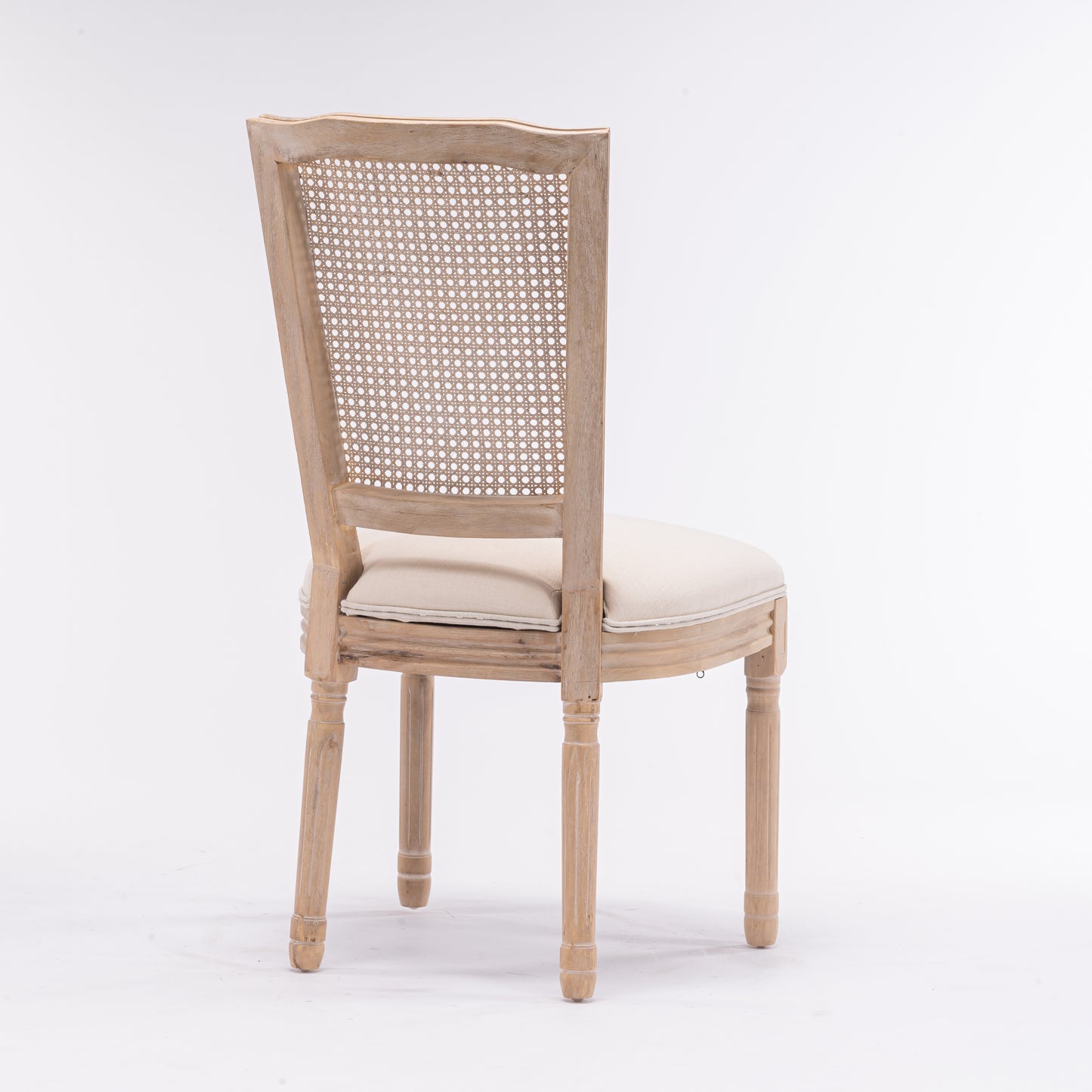 French Style Solid Wood Frame Linen Fabric Square Rattan Back Dining Chair,Set of 2,Cream