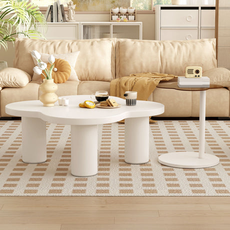 Modern Coffee Table (Set of 2), Irregular Shape Coffee Table With Four Roman Column Legs And End Table With Glass Top For Living Room - White