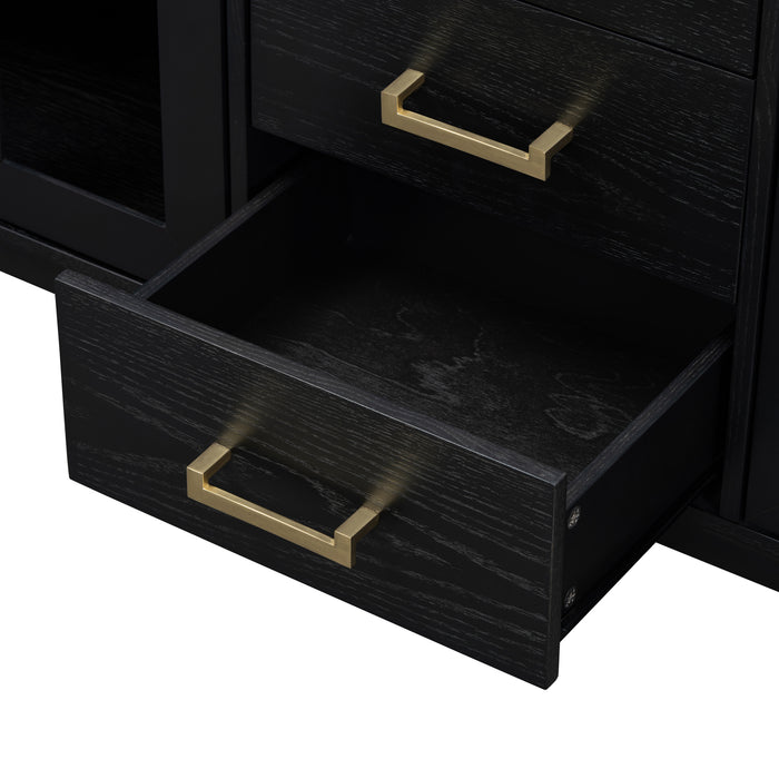 TREXM 6-drawer and 2-Cabinet Retro Sideboard with Extra Large Storage Space, with Gold Handles and Solid Wood Legs, for Kitchen and Living Room (Black)