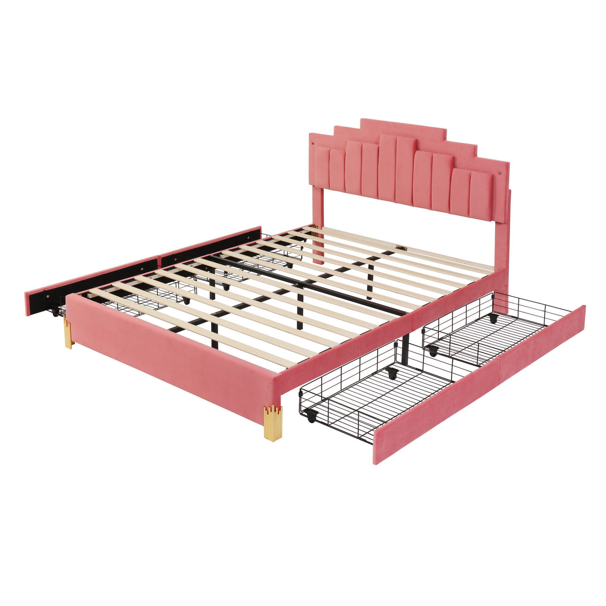 Queen Size Upholstered Platform Bed With LED Lights And 4 Drawers, Stylish Irregular Metal Bed Legs Design - Pink